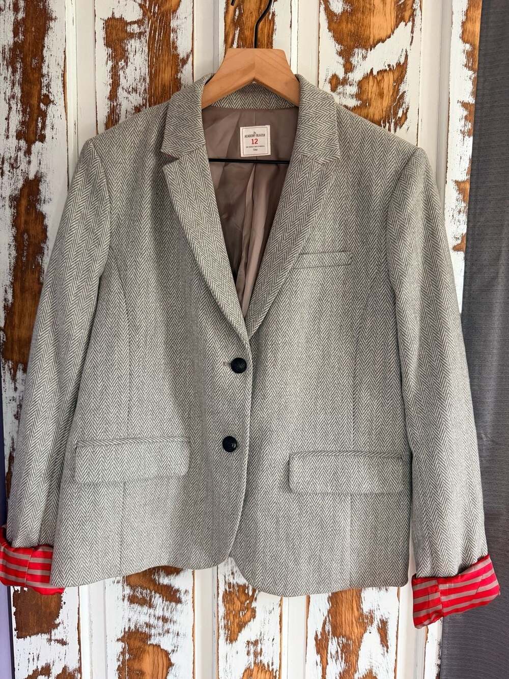 Gap Wool Blend Blazer Gray Herringbone Size 12 Dark Academia Preppy Old Money